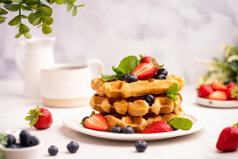 Square Brussels waffles with fresh berries and powdered sugar