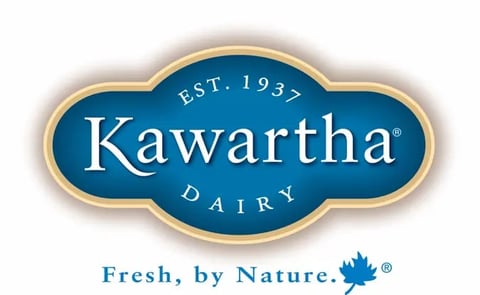 Kawartha Dairy logo with blue badge shape, established 1937, and Fresh by Nature tagline with maple leaf
