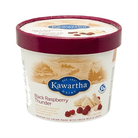 Kawartha Dairy ice cream container with Black Raspberry Thunder flavor, featuring a burgundy lid and cream-colored base with product branding