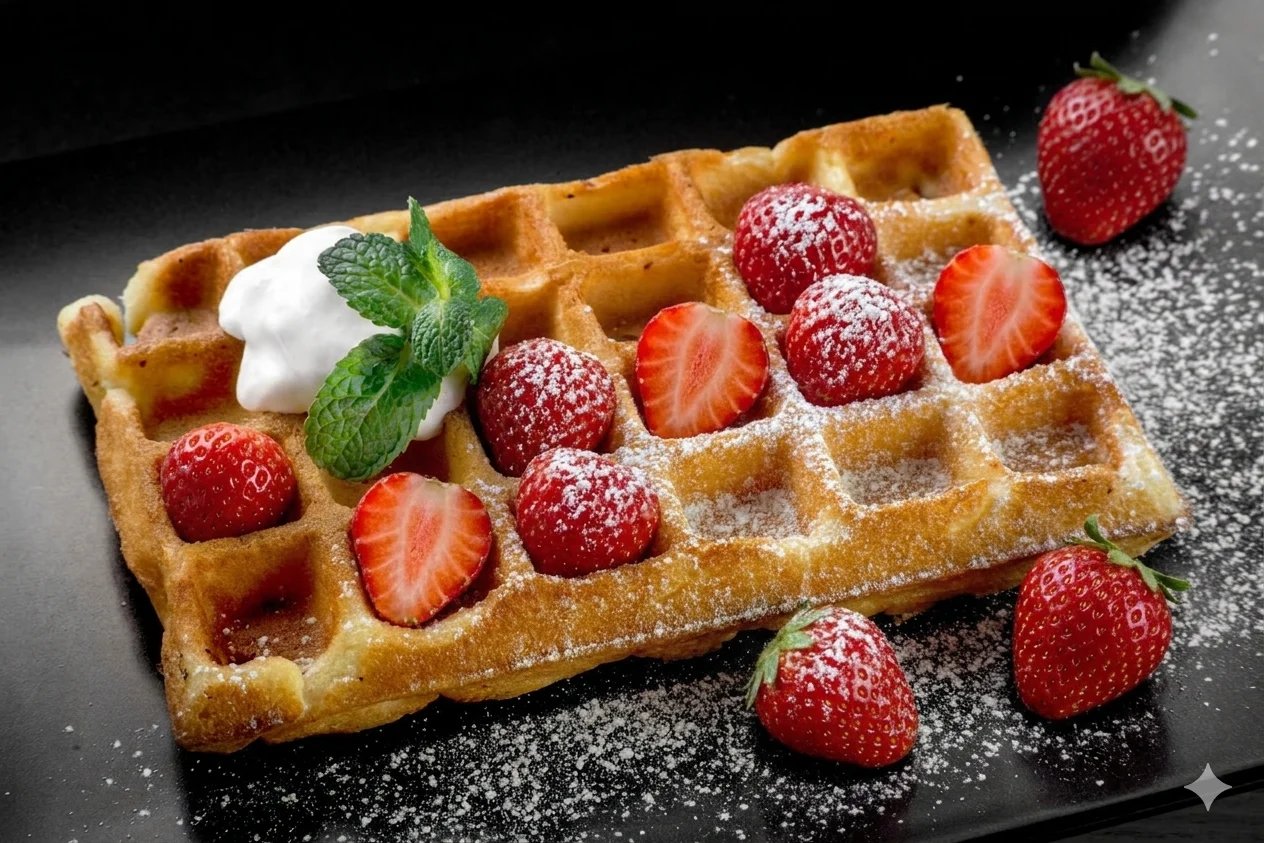Golden Belgian waffles topped with fresh strawberries, whipped cream, mint, and powdered sugar on a dark plate